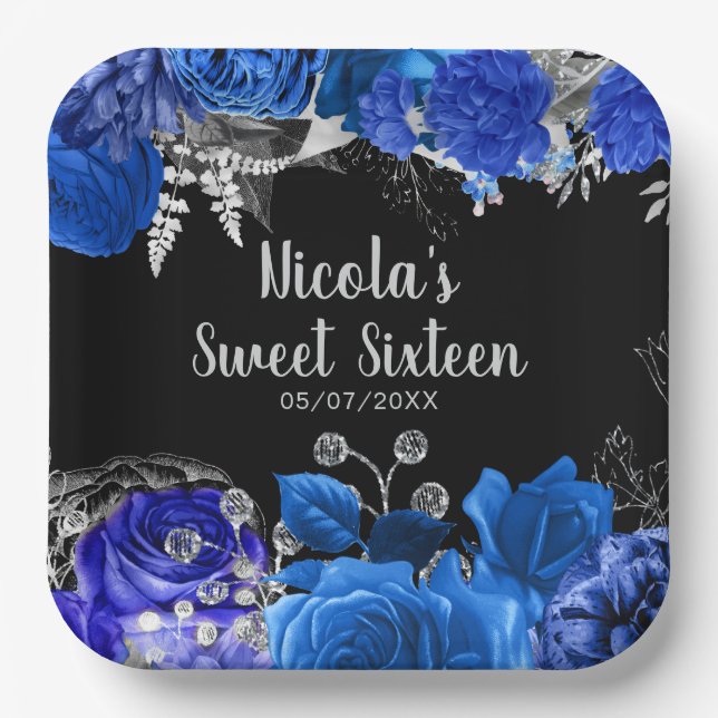 Elegant Blue and Silver Flowers Sweet Sixteen Paper Plate (Front)