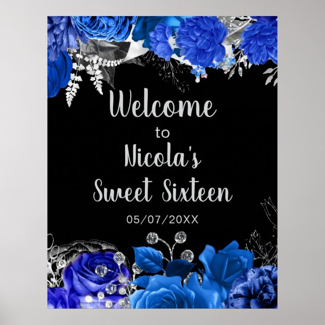 Elegant Blue and Silver Flowers Sweet Sixteen  Poster (Front)