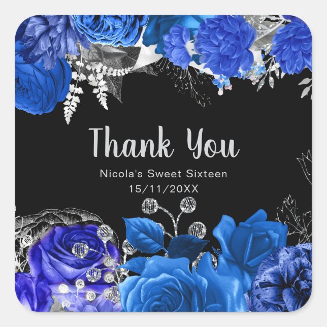 Elegant Blue and Silver Flowers Sweet Sixteen Square Sticker (Front)