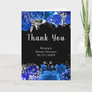 Elegant Blue and Silver Flowers Sweet Sixteen Thank You Card
