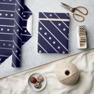 Elegant Blue and Silver Foil Christmas Stripes Wrapping Paper
