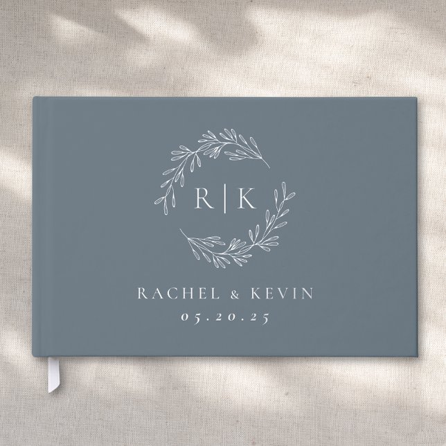 Elegant Blue and Silver Foliage Monogram Wedding Guest Book (Creator Uploaded)