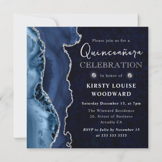 Elegant Blue and Silver Glitter Agate Quinceanera Invitation (Front)