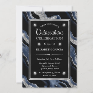 Elegant Blue and Silver Glitter Agate Quinceanera Invitation