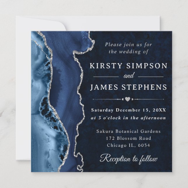 Elegant Blue and Silver Glitter Agate Wedding Invitation (Front)