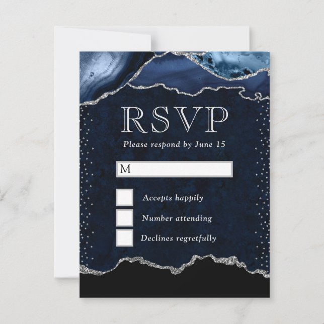 Elegant Blue  and Silver Glitter Marble Agate RSVP Card (Front)