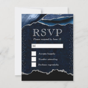 Elegant Blue and Silver Glitter Marble Agate RSVP Card