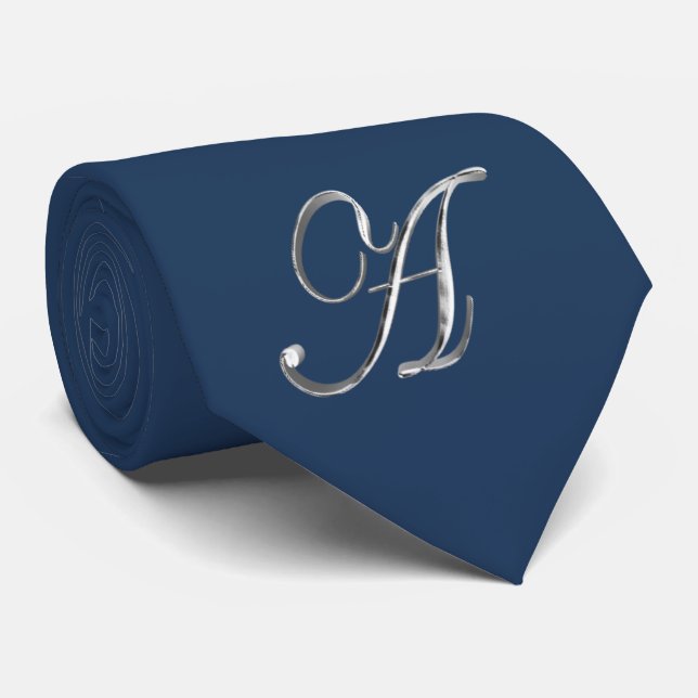 Elegant Blue and Silver Grey Monogram A Tie (Rolled)