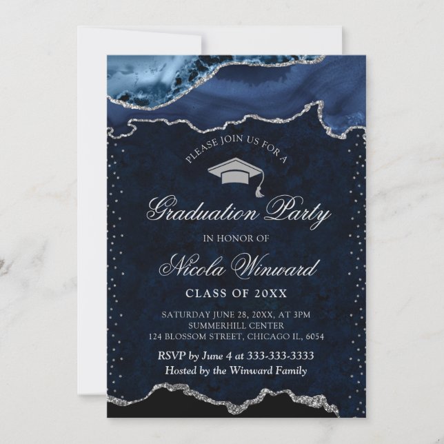 Elegant Blue and Silver Marble Agate Graduation Invitation (Front)