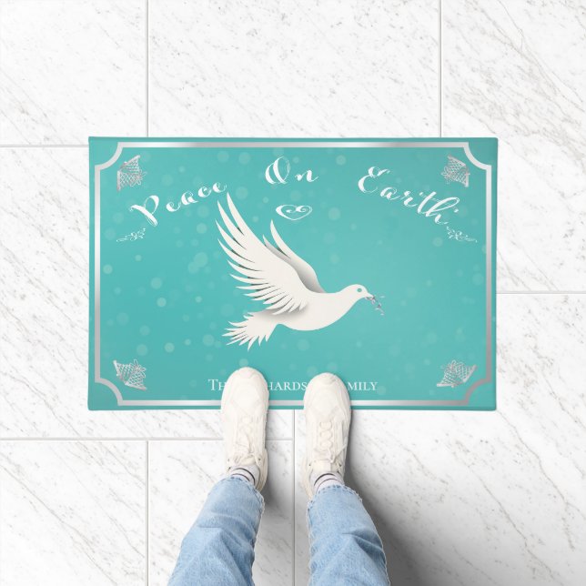 Elegant Blue and Silver 'Peace On Earth' Holiday  Doormat (Indoor)
