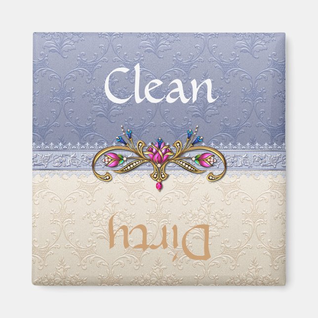 Elegant Blue and Tan Damask Dishwasher Magnet (Front)