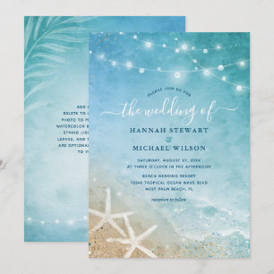 Elegant Blue and Teal Watercolor Beach Wedding Invitation