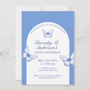 Elegant Blue and White 100th Birthday Party  Invitation