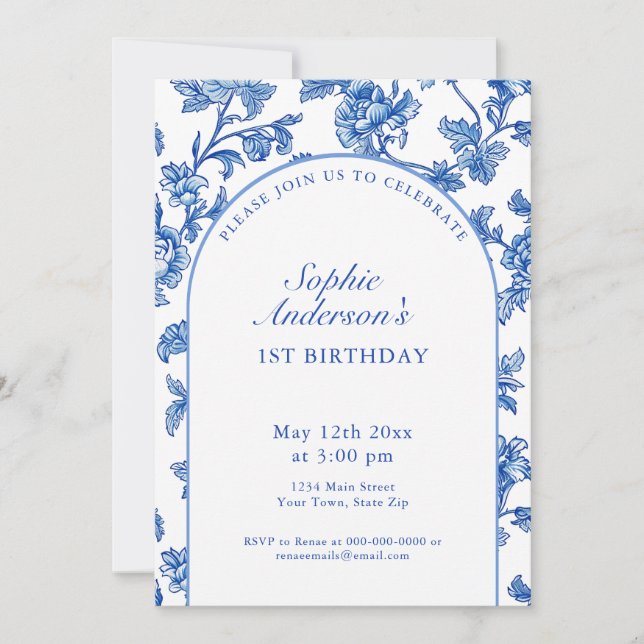 Elegant Blue and White 1st Birthday Party  Invitation (Front)