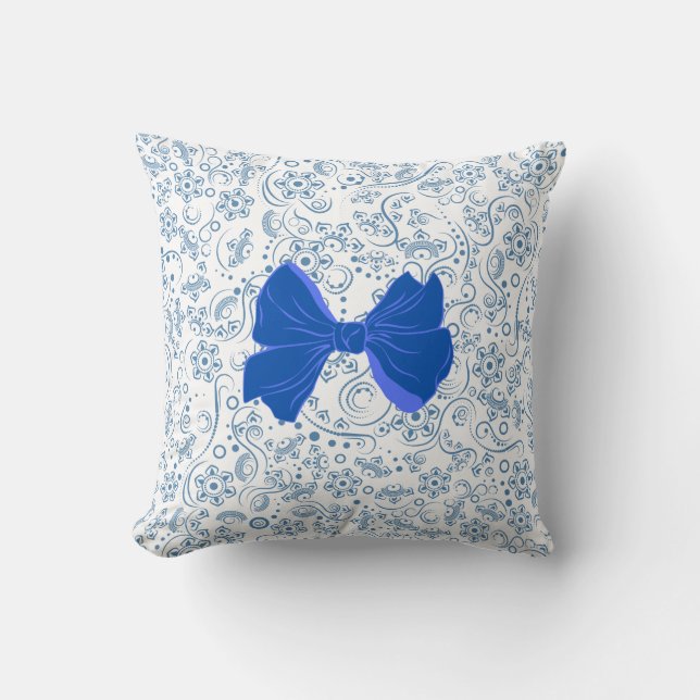 Elegant Blue and White Bow Pattern Cushion (Front)