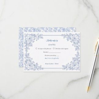 Elegant Blue and White Chinoiserie Floral Wedding RSVP Card