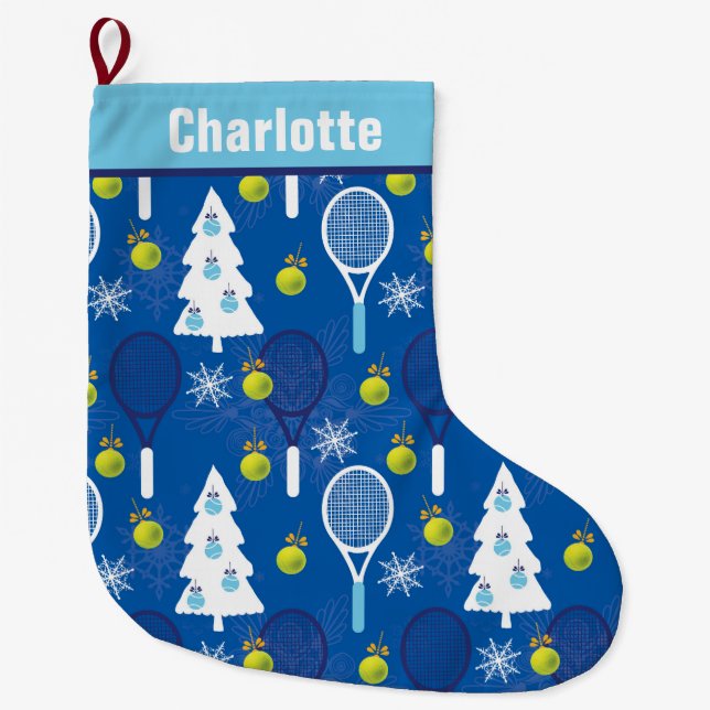 Elegant blue and white Christmas tennis  Large Christmas Stocking (Front)