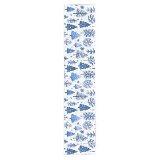 Elegant Blue and White Christmas Tree and Snow Short Table Runner