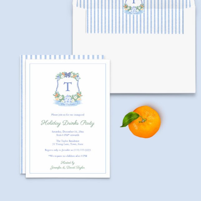 Elegant Blue And White Citrus Crest Holidays Party Invitation (Blue And White Citrus Winter Christmas Crest Holiday Drinks Party Invitation)