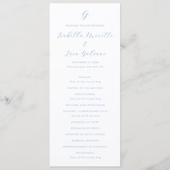 Elegant Blue and White Coastal Chic Wedding Program (Front)