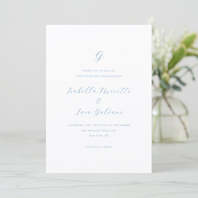 Elegant Blue and White Coastal Chic Wedding Save The Date (Standing Front)