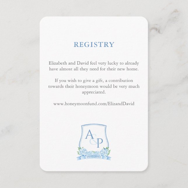 Elegant Blue And White Crest Wedding Registry Enclosure Card (Front)