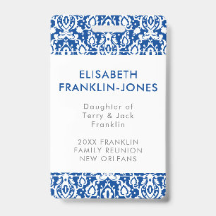 Elegant Blue and White Damask Family Reunion ID Badge