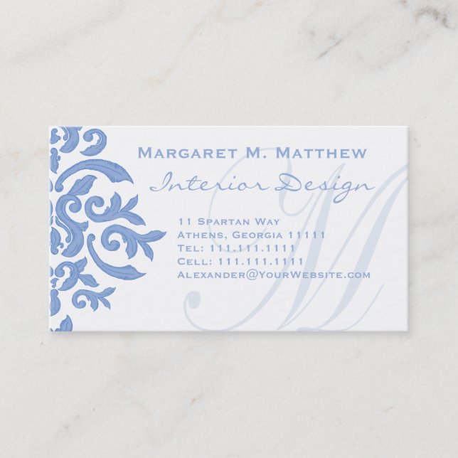 Elegant Blue and White Damask Letter M Business Card (Front)