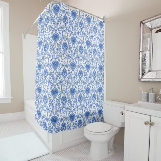 Elegant Blue and White Damask Pattern Shower Curtain (In Situ)