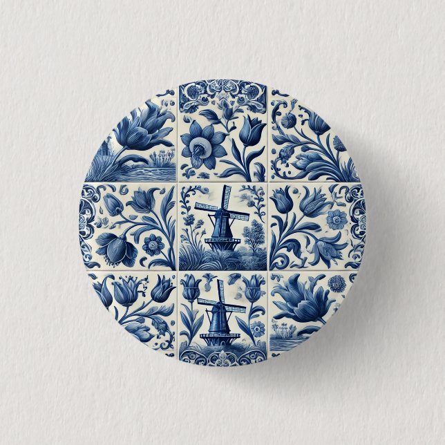 Elegant Blue and White Delft Tile 3 Cm Round Badge (Front)