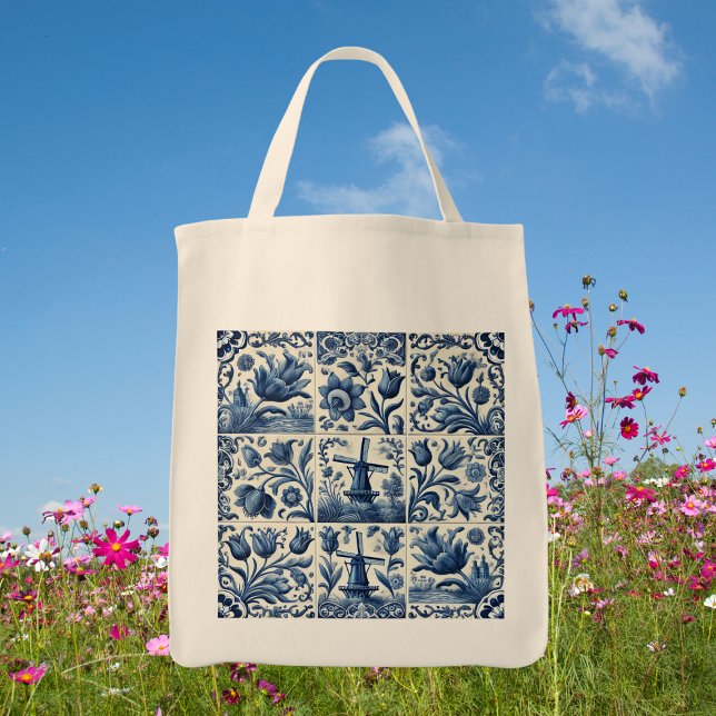 Elegant Blue and White Delft Tile Tote Bag (Pretty blue and white tiled tote bag)