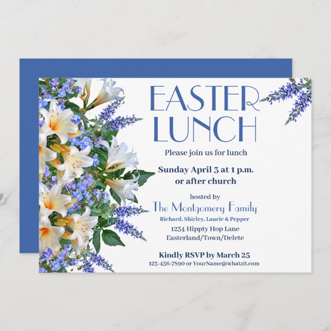 Elegant Blue and White Easter Lunch Invitation (Front/Back)