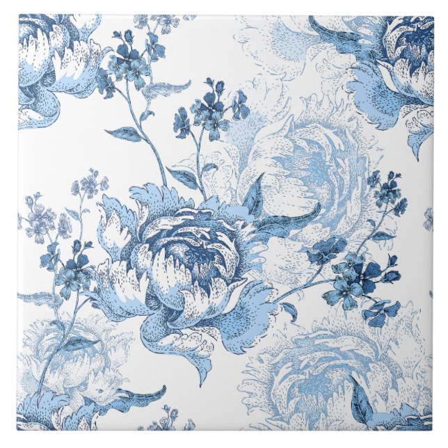 Elegant Blue and White Engraved Peonies Ceramic Tile (Front)