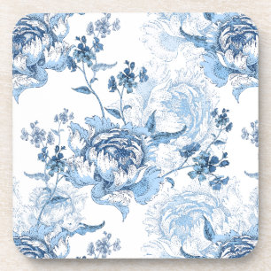 Elegant Blue and White Engraved Peonies Coaster