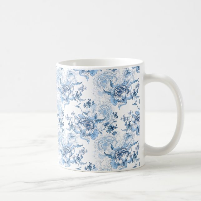 Elegant Blue and White Engraved Peonies Coffee Mug (Right)