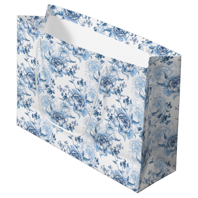 Elegant Blue and White Engraved Peonies Large Gift Bag (Front Angled)