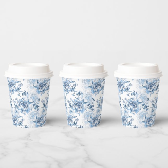 Elegant Blue and White Engraved Peonies Paper Cups (Multi)