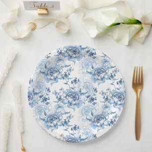 Elegant Blue and White Engraved Peonies Paper Plate