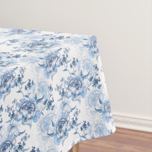Elegant Blue and White Engraved Peonies Tablecloth (In Situ)