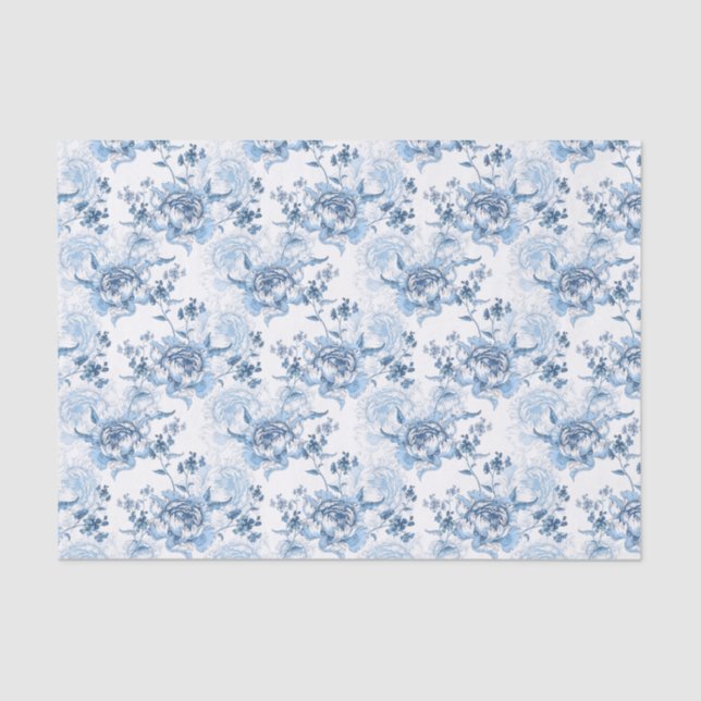Elegant Blue and White Engraved Peonies Tissue Paper (Front)