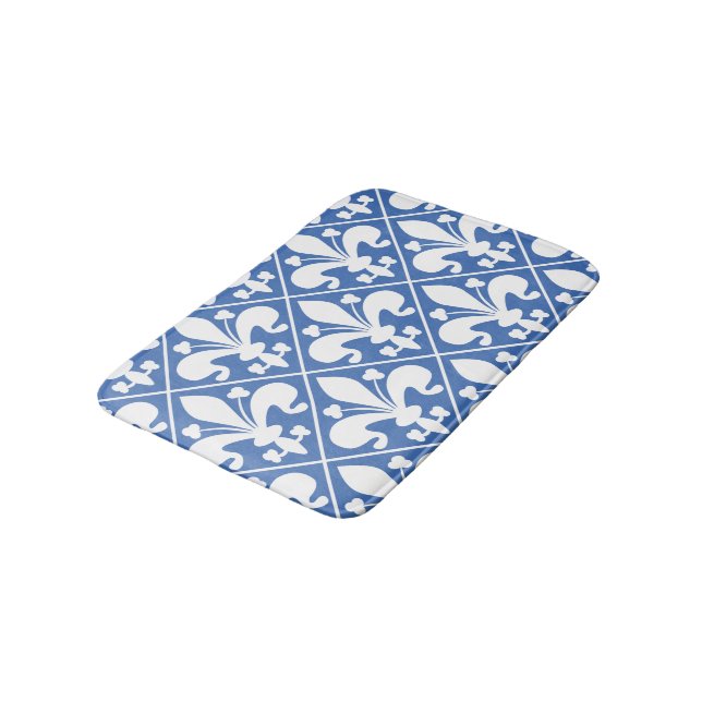 Elegant Blue and White Fleur de Lys French Bath Mat (Angled)