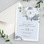 Elegant Blue and White Floral 60th Birthday Party Invitation<br><div class="desc">A beautifully elegant 60th birthday party invitation in popular blue and white with lovely watercolor floral bouquets spread over opposite corners of the design. An elegant type face pairing uses a coordinating a combination of script and serif. A light blue colour inset frames your text and accents the invitation's colour...</div>