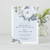 Elegant Blue and White Floral 80th Birthday Party Invitation (Standing Front)