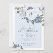 Elegant Blue and White Floral 80th Birthday Party Invitation (Front)