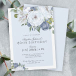 Elegant Blue and White Floral 80th Birthday Party Invitation<br><div class="desc">A beautifully elegant 80th birthday party invitation in blue and white with lovely watercolor floral bouquets spread over opposite corners of the design. An elegant type face pairing uses a coordinating a combination of script and serif. A light blue colour inset frames your text and accents the invitation's colour scheme....</div>