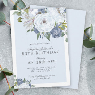 Elegant Blue and White Floral 80th Birthday Party Invitation