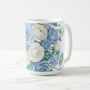 Elegant Blue and White Floral Bouquet Watercolor B Coffee Mug