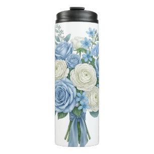 Elegant Blue and White Floral Bouquet Watercolor B Thermal Tumbler
