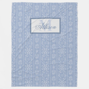 Elegant Blue and White Floral Damask Monogrammed Fleece Blanket