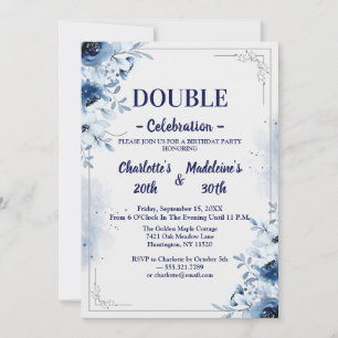 Elegant Blue and White Floral Joint Birthday Invitation